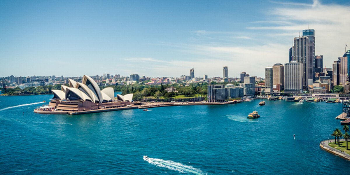 Sydney Opera House and Circular quay, ferry terminus, from the harbour bridge